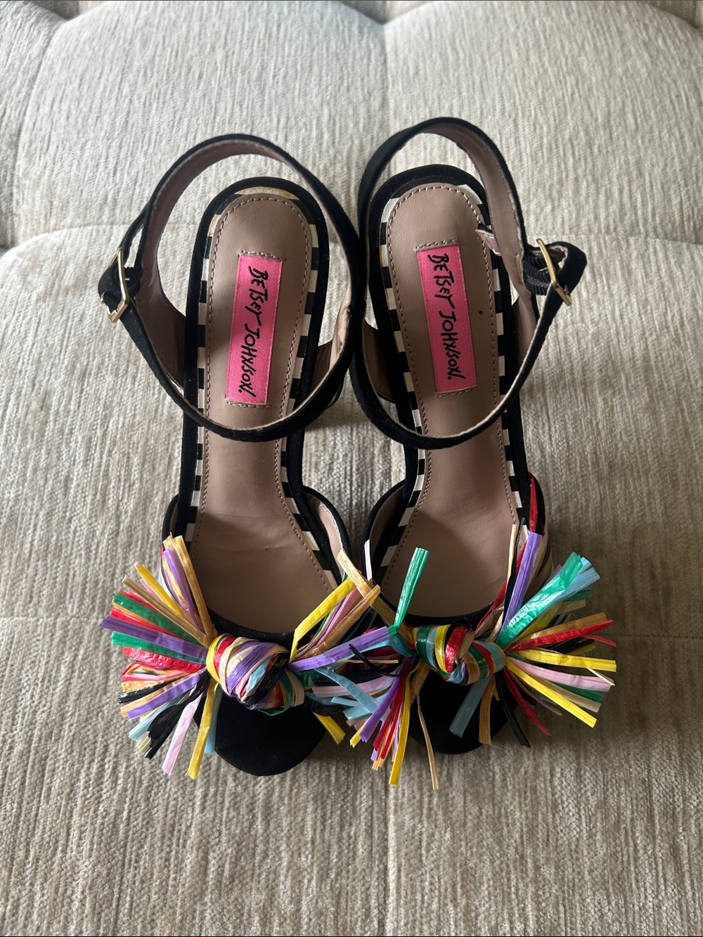 Betsey Johnson Black Platform Sandals with Multicolor Pom-Pom - Picture 2 of 7